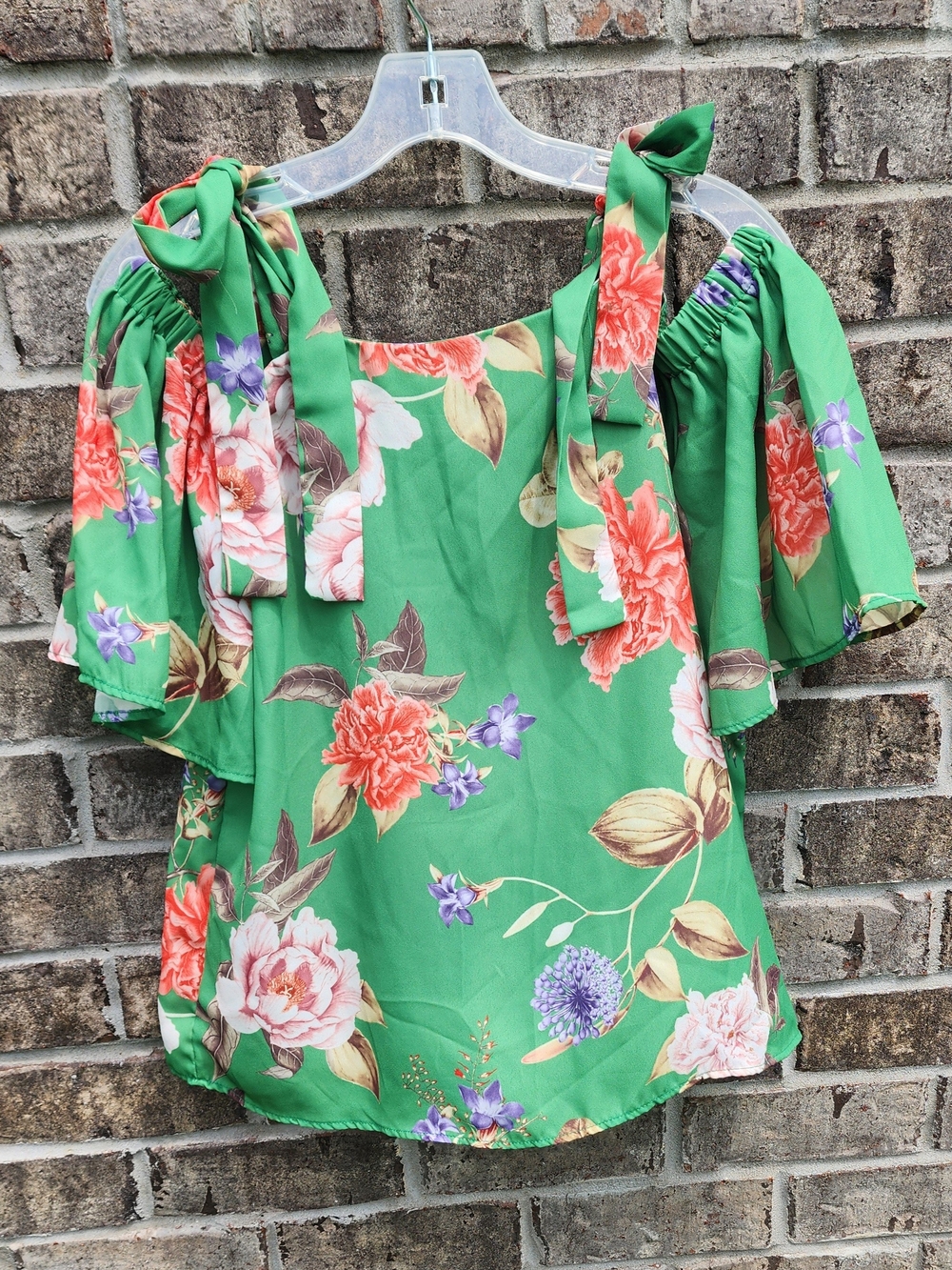New York & Company Green Floral Off-Shoulder Tie-Strap Blouse